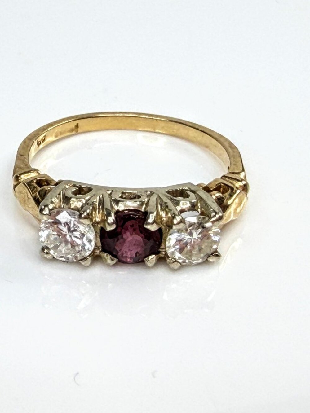 Antique Three Stone Old European Cut Diamond and Ruby Ring 2.5g Size 8 JR2065